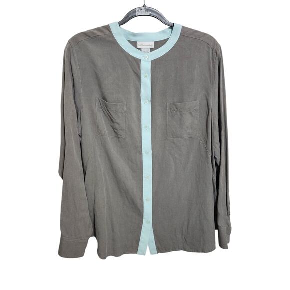 Soft Surroundings XL 100% Silk Twill Lux Gray Robins Egg Blue Blouse Shirt Top - Picture 6 of 9